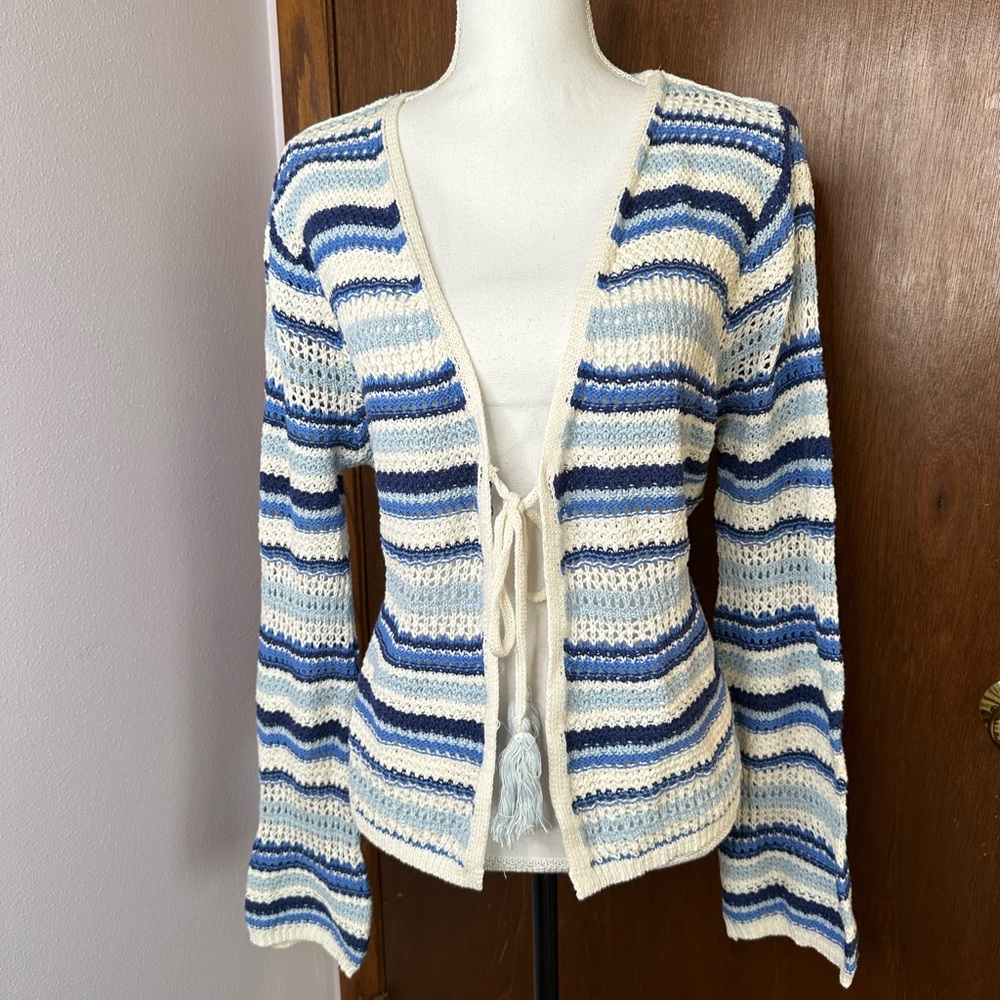 POL Crochet Knit Open Front Cardigan | Tassel Ties | Large